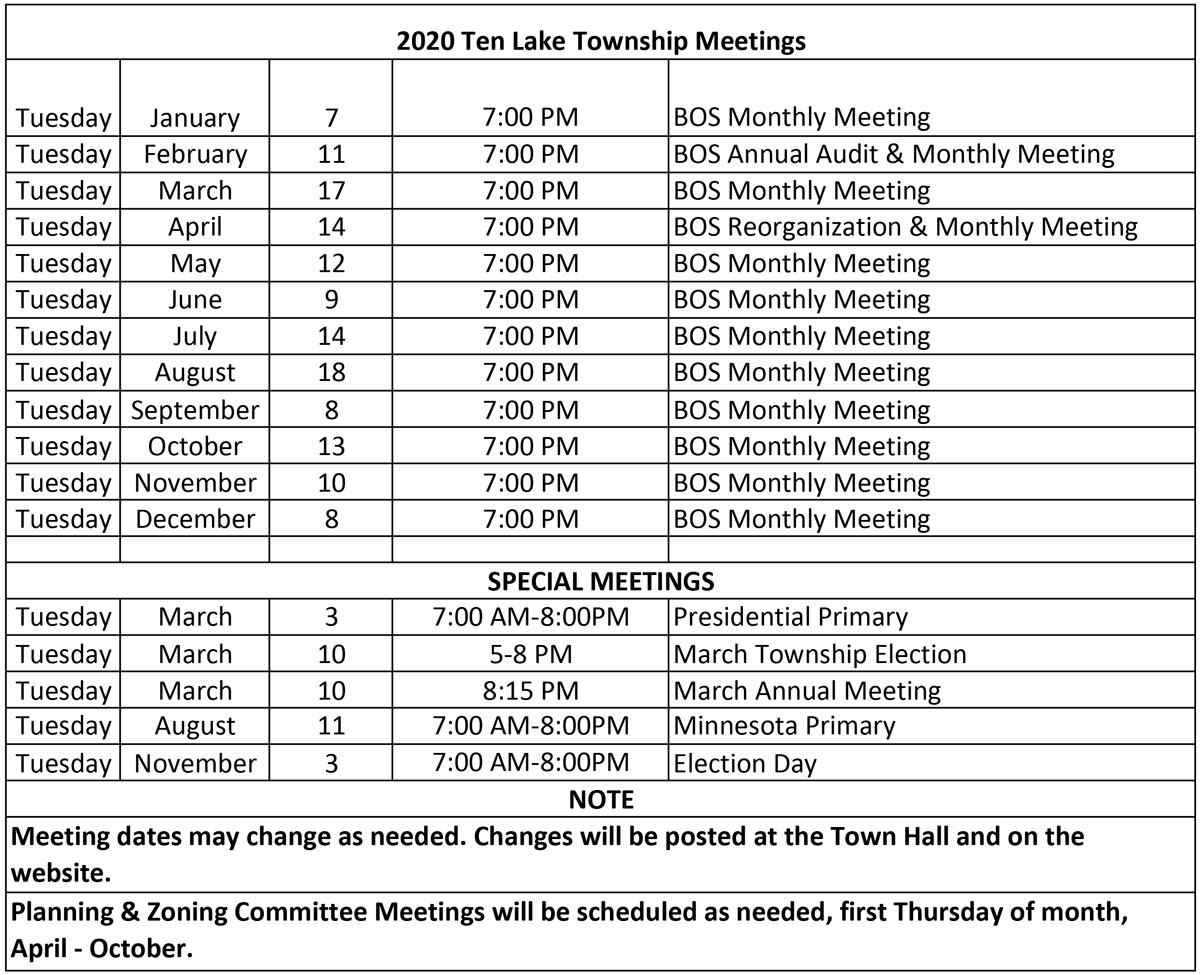 Ten Lake Meeting Schedule